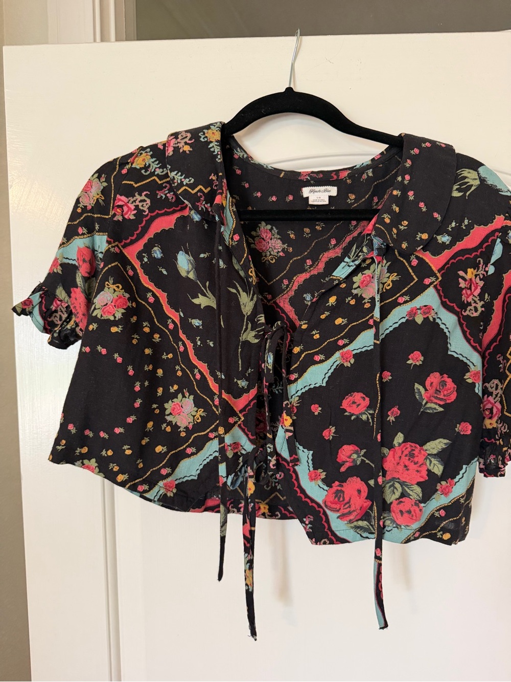 Kimchi Blue Black Floral Tie-Front Crop Top with Pink & Teal Accents